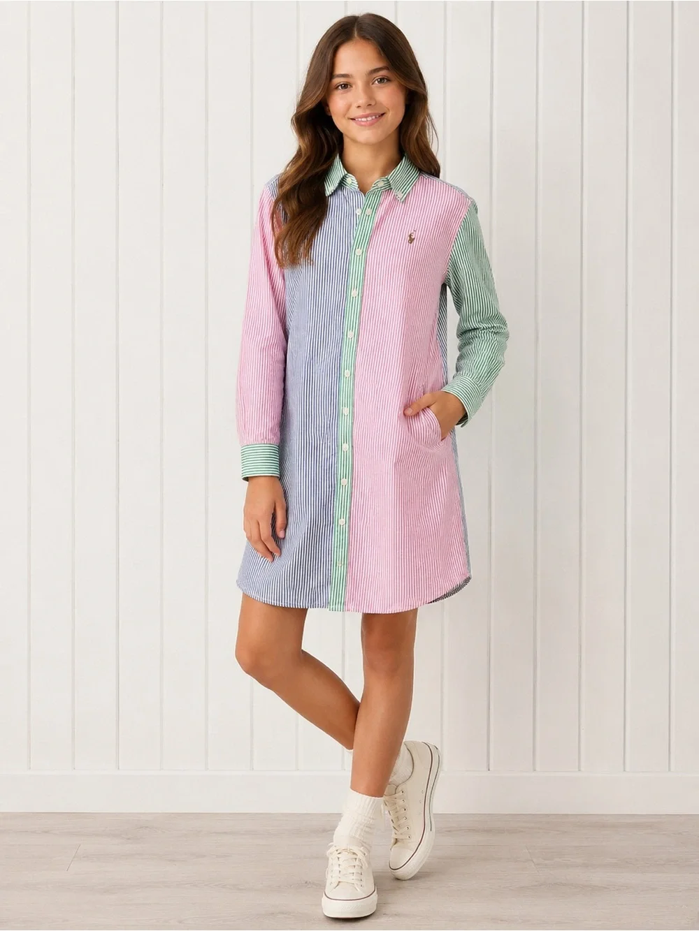 Ralph Lauren Striped Colorblock Shirt Dress — Pink, Blue & Green Size 12